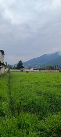 Terreno verde con monta&ntilde;as al fondo y cielo nublado